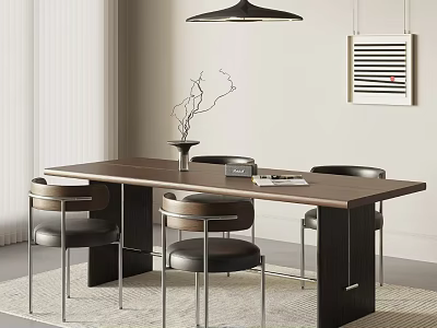 Modern Dining Table Set With Wooden Table Leather Chairs Hanging Lamp And Decorative Painting 3d model