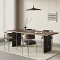 Modern Dining Table Set With Wooden Table Leather Chairs Hanging Lamp And Decorative Painting