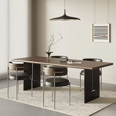 Modern Dining Table Set With Wooden Table Leather Chairs Hanging Lamp And Decorative Painting 3d model