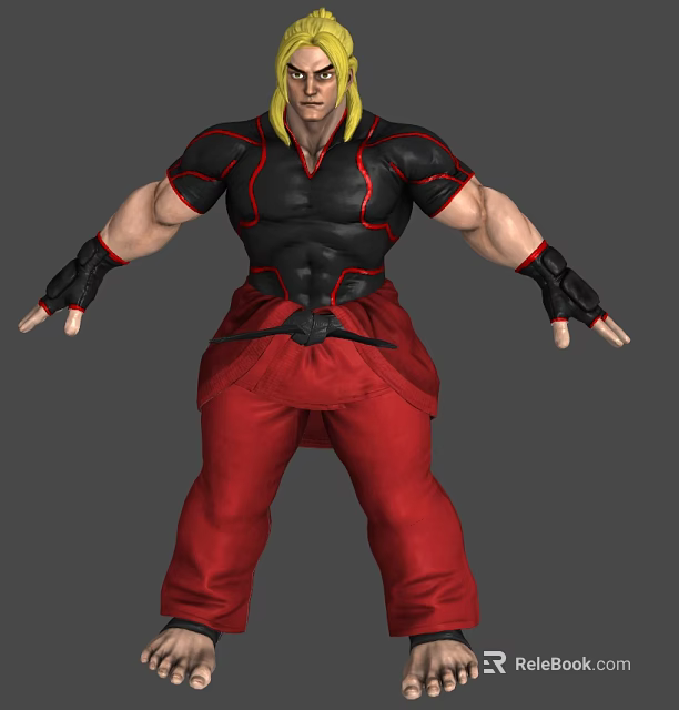 Muscular Fighting Character With Black Top Red Pants And Yellow Accents 3d model 