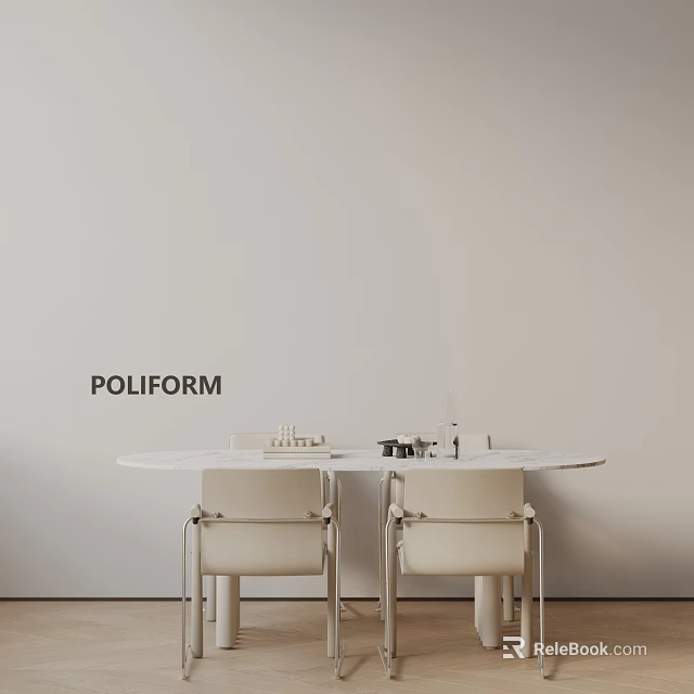 Poliform Modern White Round Dining Table Set With Two Chairs And Decorative Items 3d model