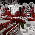 Elegant Banquet Hall Interior With Grand Crystal Chandelier Red Floral Decor And White Columns