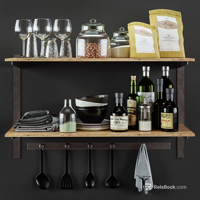 Organized Kitchen Shelf With Wine Glasses Jars Bowls And Kitchenware Bottles 3d model 