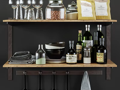Organized Kitchen Shelf With Wine Glasses Jars Bowls And Kitchenware Bottles 3d model