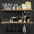 Organized Kitchen Shelf With Wine Glasses Jars Bowls And Kitchenware Bottles 3d model