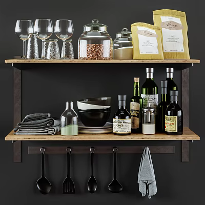 Organized Kitchen Shelf With Wine Glasses Jars Bowls And Kitchenware Bottles 3d model