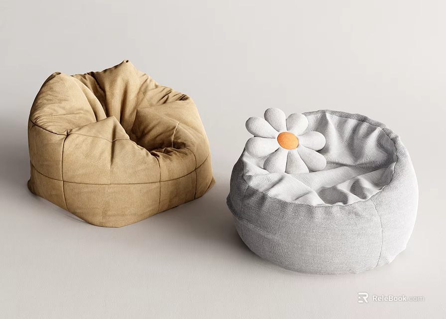 Brown And Gray Bean Bag Chairs With Cozy Design And White Flower Orange Center 3d model 