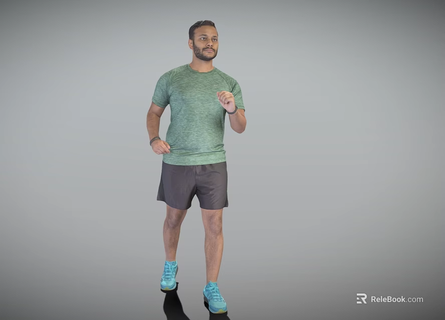 Man Wearing Green T-Shirt Gray Shorts And Blue Sneakers Standing Casually 3d model 