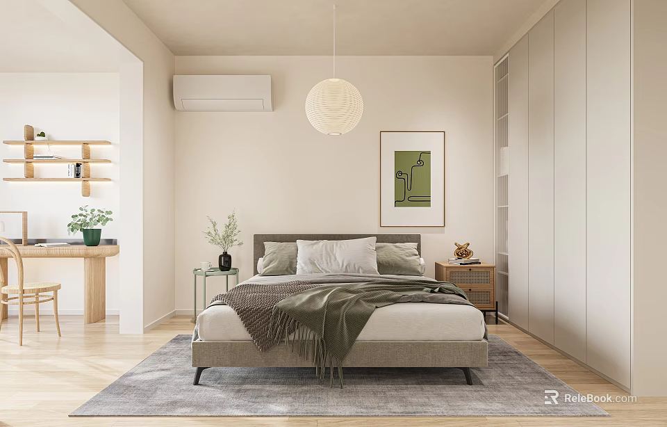 Modern Bedroom Interior With Comfortable Bed Headboard Blanket Nightstand Artwork Pendant Light And Rug 3d model 