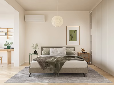 Modern Bedroom Interior With Comfortable Bed Headboard Blanket Nightstand Artwork Pendant Light And Rug 3d model