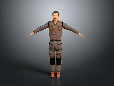 Man In Brown Utility Coverall Standing With Arms Outstretched On Gray Background 3d model