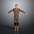 Man In Brown Utility Coverall Standing With Arms Outstretched On Gray Background
