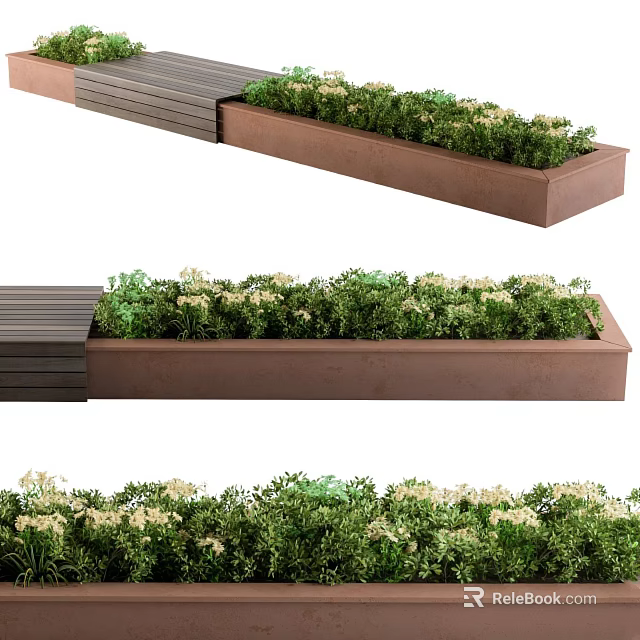 Decorative Garden Planter Boxes with Lush Green Plants and White Flowers Along Wooden Path 3d model 