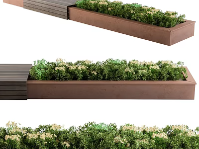 Decorative Garden Planter Boxes with Lush Green Plants and White Flowers Along Wooden Path 3d model