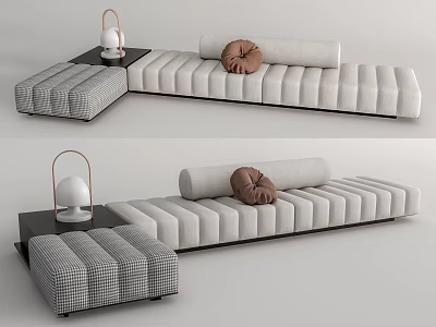 Light Gray Sectional Sofa With Brown Pillow Checkered Ottoman Side Table And Lamps 3d model