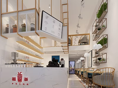 Modern Milk Tea Shop Interior with Marble Counter Shelves Jars Green Plants and Digital Screen 3d model