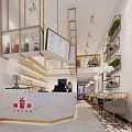Modern Milk Tea Shop Interior with Marble Counter Shelves Jars Green Plants and Digital Screen