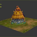 Cute Thatched Hut Exterior With Straw Roof Red Birds Stone Walls And Green Grass