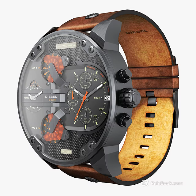 Diesel Black Dial Wristwatch With Multiple Subdials And Brown Leather Strap 3d model 