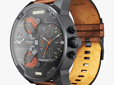 Diesel Black Dial Wristwatch With Multiple Subdials And Brown Leather Strap 3d model