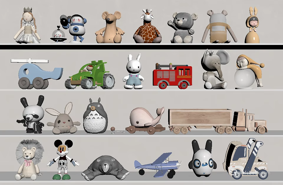 Assorted Stuffed Plush Toys With Animal Vehicle Designs And Cartoon Character Figures 3d model 