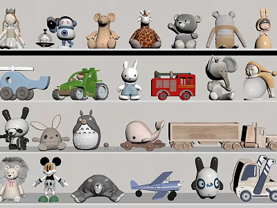 Assorted Stuffed Plush Toys With Animal Vehicle Designs And Cartoon Character Figures 3d model