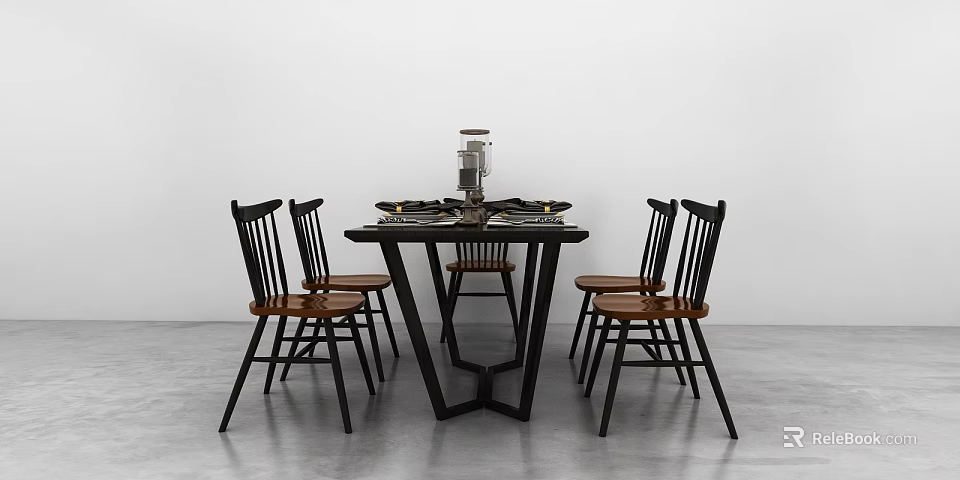 Modern Dining Table Set With Black Frame Wooden Chairs And Tabletop Decorative Plates 3d model 