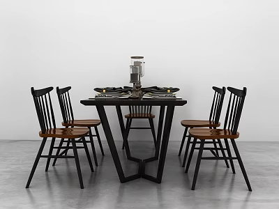 Modern Dining Table Set With Black Frame Wooden Chairs And Tabletop Decorative Plates 3d model