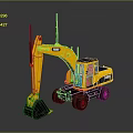 CAT Yellow Wheel Excavator With Long Boom Black Bucket And Operator Cab