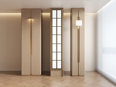 Modern Interior With Wooden Cabinets Glass Partition Wall Lamps And Herringbone Floor 3d model