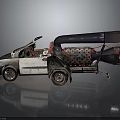 Modified Worn White Car With Large Rocket Engines Red Straps And Perforated Metal Trailer