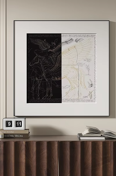 Abstract Painting With Split Black And Beige Tones In White Frame On Interior Wall 3d model