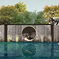 Illuminated Stone Scenic Wall With Circular Ornament Greenery Water Pool And Reflection