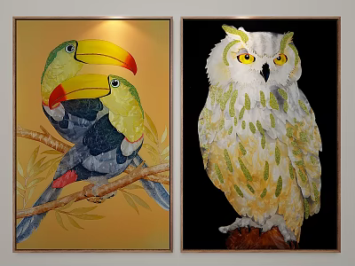 Vibrant Decorative Paintings With Colorful Toucans And White Owl On Branches 3d model