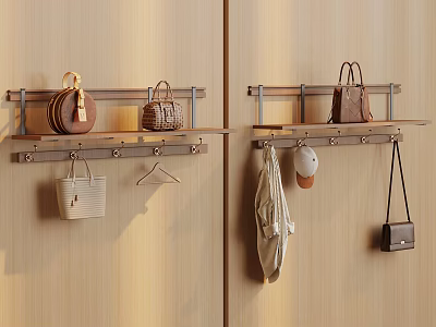 Wall Mounted Shelves On Wooden Wall With Various Stylish Handbags And Accessories 3d model