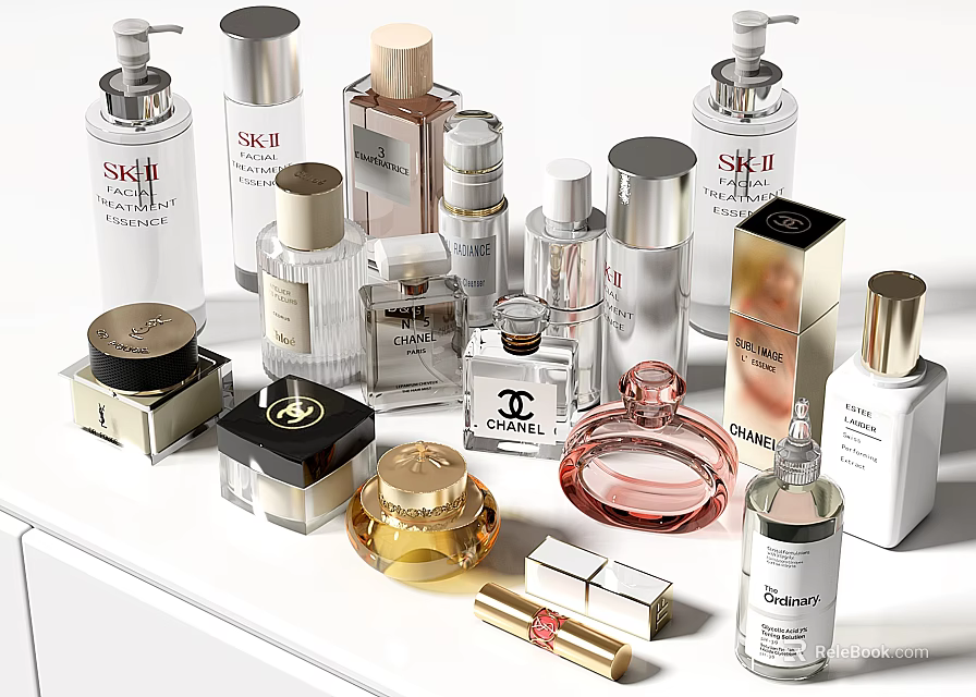 Luxury Perfumes Cosmetics Collection With Branded Bottles Lipsticks Skincare Jars On White Display Table 3d model 