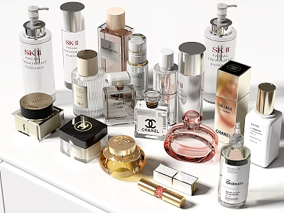 Luxury Perfumes Cosmetics Collection With Branded Bottles Lipsticks Skincare Jars On White Display Table 3d model