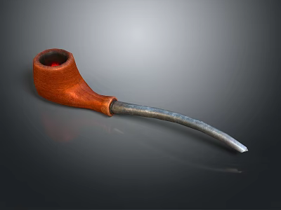 Handcrafted Wooden Tobacco Pipe With Curved Silver Stem And Brown Finish 3d model