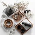Stylish Decorative Ornament Set With Branches Black Vase Glassware Candles And Wooden Tray