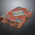 Ancient Leather Bound Book With Ornate Metal Embellishments And Decorative Chain