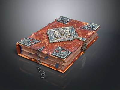 Ancient Leather Bound Book With Ornate Metal Embellishments And Decorative Chain 3d model