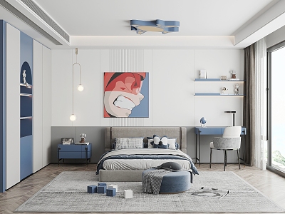 Modern Children's Room Bedroom Master Bedroom Second Bedroom Boys Children's Room Bedside Background Wall Wardrobe Desk 3d model