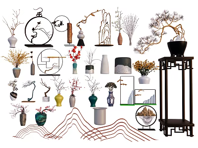 Ornamental Decor Set With Vases Branches Mountain Designs Circular Frames And Shelves 3d model