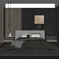 Modern Bedroom Interior With Wooden Walls Ambient Lighting Upholstered Bed Abstract Painting Potted Plant And Rug