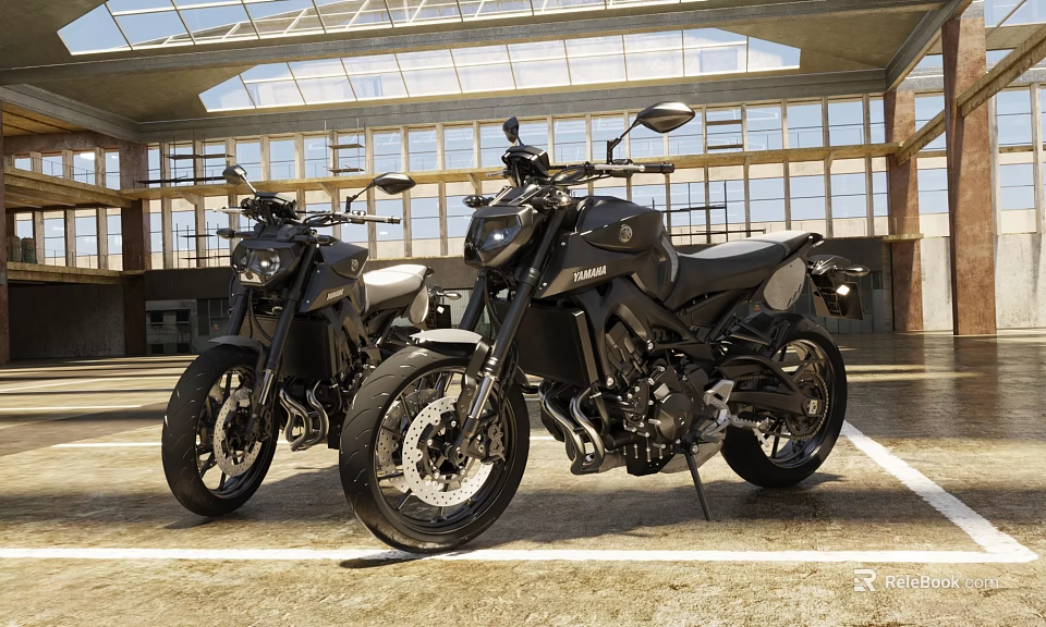 Two Sleek Modern Motorcycles In Indoor Showroom With Glass Windows Background 3d model 