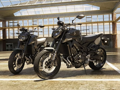 Two Sleek Modern Motorcycles In Indoor Showroom With Glass Windows Background 3d model