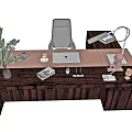 Wooden Office Desk With Laptop Desk Lamp Green Plant Books And Office Chair