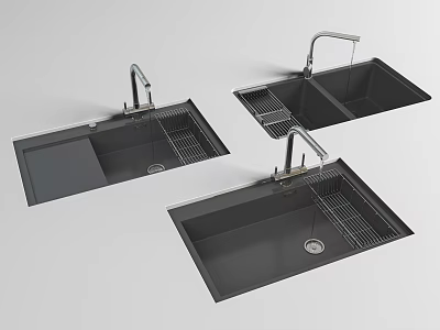 Set of Three Modern Black Kitchen Sinks with Faucet and Drainer Rack Design 3d model