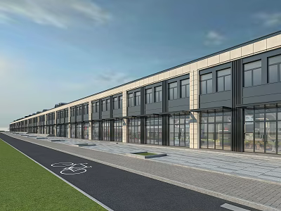 Modern Commercial Street With Glass Facades And Retail Storefronts Bike Lane Green Space And Sidewalk 3d model