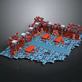 Block Built Structure With Red Tower Like Structures Blue Grid Ground And White Domes 3d model